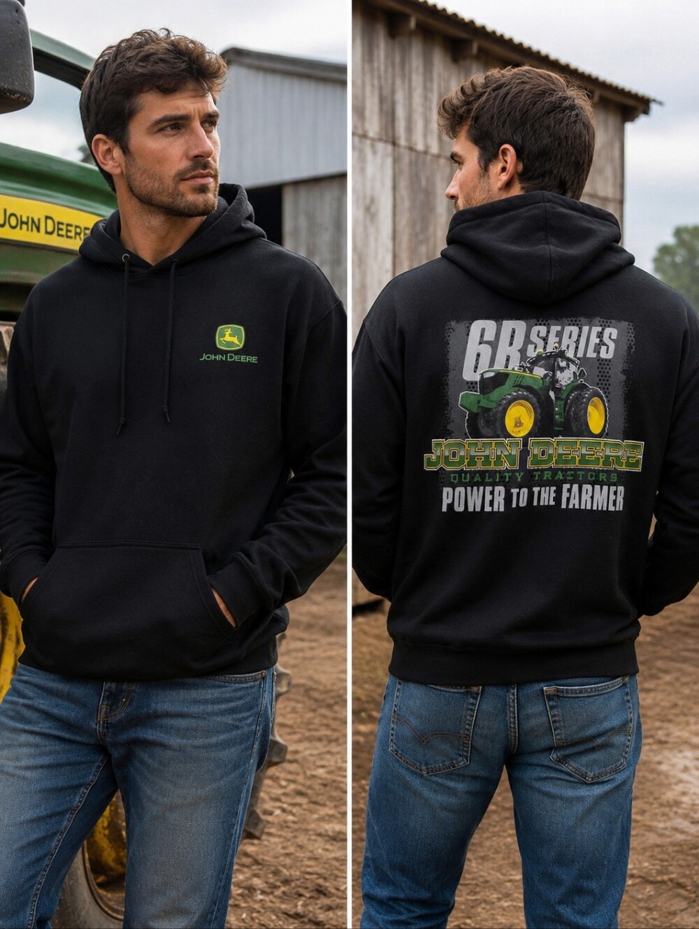 JOHN DEERE Hoodie Men's Large Black 6R Series Tractor Graphic Farm Workwear